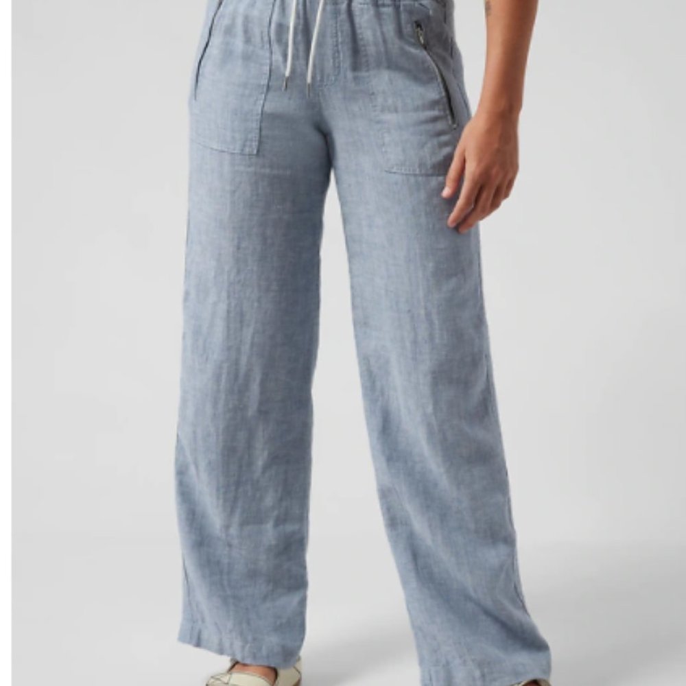 Athleta Light Blue Cabo Linen Wide Leg Pull On Elastic Drawstring Pant Size 6